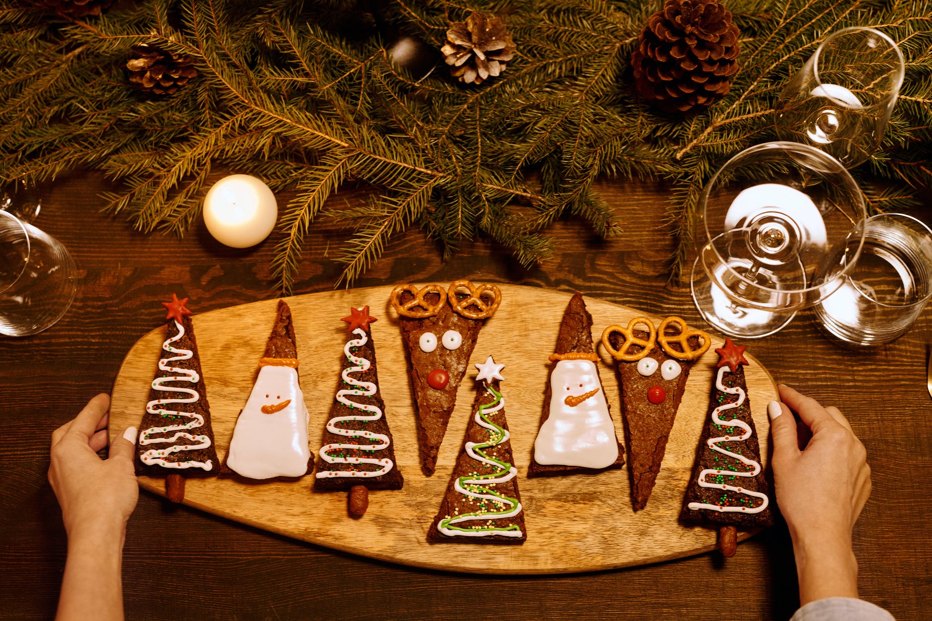 Festive brownies decorated to look like reindeers, snowmen and christmas trees!