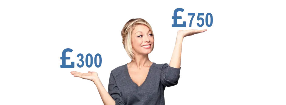 A smiling lady choosing between a £300 and a £750 loan